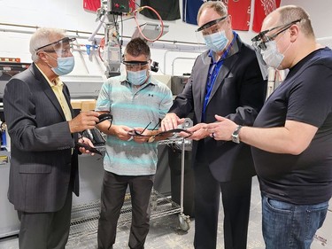 SRB Technologies (Canada) Inc. has retooled its operation to create medical face shields to meet a need for personal protective equipment during the COVID-19 pandemic. Two provincial ministers toured the facility July 28 to see the operation for themselves. Taking part in the tour (from left) MPP Vic Fedeli, Minister of Economic Development, Job Creation and Trade; SRBT vice-president Ross Fitzpatrick; MPP John Yakabuski, Minister of Natural Resources and Forestry and SRBT president Stephane Levesque.