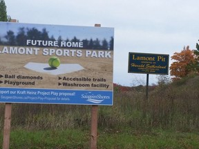 A sign marks the former Lamont Pit at the south end of Port Elgin, which the town is turning into the Lamont Sports Park.
(file photo)