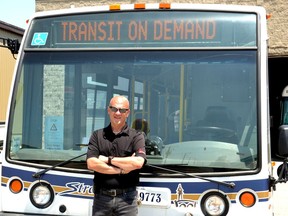 Stratford Transit manager Mike Mousley celebrates the early success of Stratford Transit's on-demand Sunday bus service program in this Beacon Herald file photo from July 2020. (Galen Simmons/The Beacon Herald)