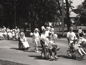 The 1991 "push-a-thon" fundraiser hosted by the now-closed People Care long-term care home in Stratford. (Stratford-Perth Archives)