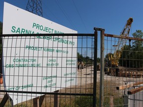 COVID-19-related restrictions may mean a delay for Sarnia's $49-million sewer upgrade project. Equipment for the microtunneling component of the project is pictured Thursday at the Howard Watson Nature Trail off Confederation Street. (Paul Morden/The Observer)