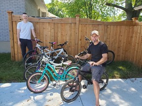 Fraser Moore, left, and Ryan Leblanc are behind the Pedals for Purpose initiative, giving bicycles to youngers in Sarnia who otherwise couldn't afford them. (Submitted)