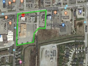 An aerial view of 1271-1289 London Rd. submitted with a rezoning application to the City of Sarnia for a Toronto-area company to build residential towers within walking distance of Lambton College. Sarnia city council considers the request at its meeting Sept. 14.