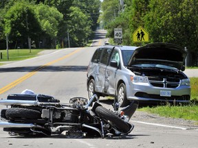 A man and a woman on this Harley-Davidson motorcycle suffered serious injuries in a two-vehicle crash in Walsh Saturday. The collision occurred around the noon hour.