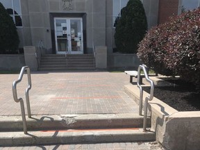 Used to social distance lines at checkouts in the stores? The main entrance to the Sudbury Courthouse now has them in place for people looking to enter the complex. Oh, - bring a mask if you have one. One will be provided if you don't. HAROLD CARMICHAEL/SUDBURY STAR