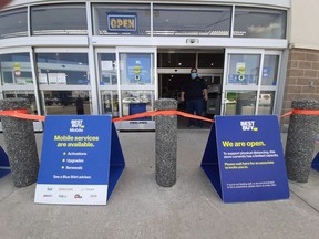 A Best Buy employee who gave his name as  Jeff mans the door at the New Sudbury store to encourage compliance with the new face covering policy required by Public Health Sudbury and Districts as of July 8. Colleen Romaniuk