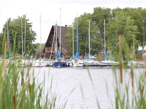 Cattails frame a number of sailboats at the Sudbury Yacht Club on Monday.