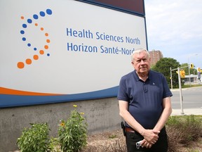 Michael Hurley, president of the Ontario Council of Hospital Unions (OCHU/CUPE), takes part in a media conference outside the entrance to Health Sciences North at the corner of Paris Street and Centennial Drive in Sudbury, Ont. on Wednesday July 15, 2020.
