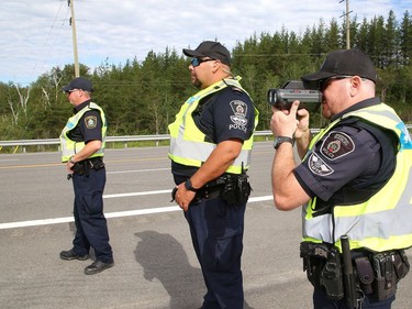 Greater Sudbury Police and the Ontario Ministry of Transportation participated in a commercial motor vehicle blitz on MR 80 in Greater Sudbury, Ont. on Friday July 17, 2020. Officers pulled over large and small commercial vehicles addressing aggressive driving, speeding, unsafe loads and documentation. John Lappa/Sudbury Star/Postmedia Network