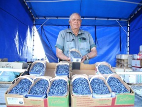 Arthur Choquette sells blueberries at his stand on South Lane at Highway 69 South in Sudbury, Ont. on Friday July 31, 2020. Choquette said he may have enough blueberries to sell for another two weeks.
