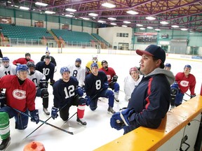 Assistant coach Vagelli Sakellaris talks to team hopefuls at the Rayside Balfour Jr. A Canadians main camp at the Gerry McCrory Countryside Sports Complex in Sudbury, Ont. on Tuesday August 22, 2017. The arena, closed due to COVID-19, will begin to reopen Aug. 3.Gino Donato