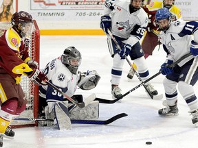 Nickel Capital Wolves goalie Jake Marois keeps his eye on the puck as it slides away from his net during the third period of a GNML contest at McIntyre Arena in Timmins on Saturday, Jan. 11, 2020. Marois provided shutout goaltending as the Wolves blanked the Majors 5-0.

THOMAS PERRY/The Daily Press