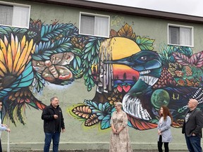 Glencore Kidd's Victoria Whissel, from left and David Yaschyshyn are seen here standing in front of a freshly painted mural on Gibby's Tavern along with Downtown Timmins BIA representatives Noella Rinaldo, Nadia Piccotti and Jamie Roach. Glencore and the BIA announced Wednesday afternoon the mining company would be assisting the BIA to fund its strategic plan. For more details, see story on page A2.

ELENA DE LUIGI/The Daily Press