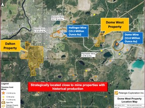 A map shows the location of Pelangio Exploration properties, Dalton and Timmins West, and their proximity to long-standing, active mining sites in Timmins.

Supplied