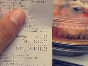 Aiden Pleterski, 21, from Whitby, left a $500 tip on a meal totalling $41.25 at the Keg location in Ajax on July 16.