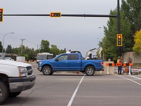 Until the end of September, motorists and pedestrians will see even more construction work taking place at eight major intersections in Sherwood Park. Photo courtesy Strathcona County