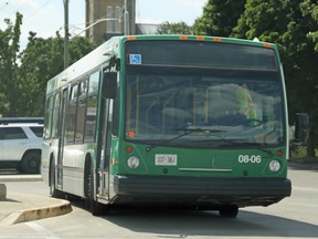 A Woodstock Transit bus waits at the city's bus terminal on Wednesday. (Greg Colgan/Sentinel-Review)
