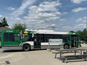 A Woodstock Transit bus waits at the city's bus terminal on Wednesday July 15, 2020. (Greg Colgan/Sentinel-Review)