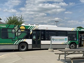 A Woodstock Transit bus waits at the city's bus terminal on Wednesday July 15, 2020. (Greg Colgan/Sentinel-Review)