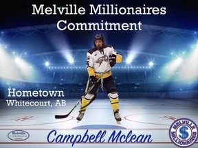 This screenshot of a Facebook post announces the Melville Millionaires have signed Whitecourt's Campbell Mclean.;