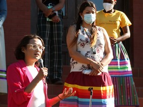 Chevi Rabbitt speaks at a Two-Spirt Inclusiveness and Acceptance Rally on the steps of Wetaskiwin City Hall last Tuesday.
Christina Max