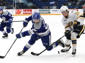 Brad Chenier, left, of the Sudbury Wolves, and Joseph Mack, of the Sarnia Sting, battle for the puck during OHL action at the Sudbury Community Arena in Sudbury, Ont. on Friday February 14, 2020. (John Lappa/Postmedia Network)