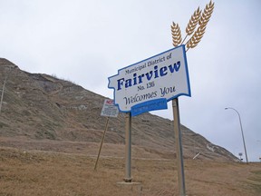 A MD of Fairview sign welcomes visitors just coming across the Dunvegan Bridge.