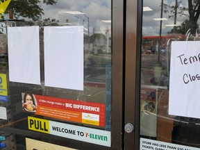The Chatham 7-Eleven store, located at the corner of Grand Avenue West and St. Clair Street, is temporarily closed due to an employee with a confirmed case of COVID-19. Here, the store is shown Monday afternoon. (Trevor Terfloth/The Daily News)