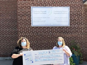 Pembroke Regional Hospital Foundation community fundraising specialist Leigh Costello (left) presents a cheque for $994 to Week 2 Catch the Ace draw winner Lindsay McGuire.