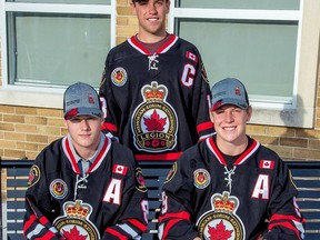 Carson Peer, left, Joey Ferrera and Ryan Barwitzki will be the Sarnia Legionnaires' captains in the 2020-21 season in the Greater Ontario Junior Hockey League. (Shawna Lavoie/Special to the Observer)
