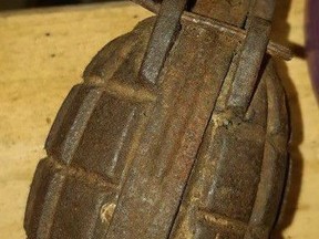 The North Bay Police Service reported Tuesday that a hand grenade was removed, without incident, from a storage shed this week. Supplied Photo