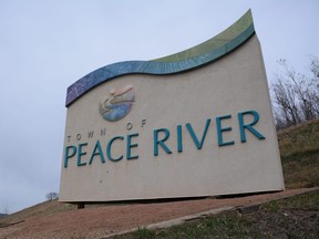 A sign for the Town of Peace River in Peace River, Alta.