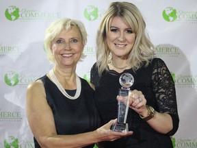 Fort Saskatchewan Mayor Gale Katchur and owner of Simply Stunning, Lisa Crawford celebrate at the Fort Saskatchewan and District Chamber of Commerce Business Awards in 2017. This year the award ceremony will be held virutally, due to the coronavirus pandemic. Photo by Lindsay Morey / Fort Saskatchewan Record files.