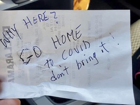 A Fort Saskatchewan resident, who recently moved to Alberta from Ontario, found a note on her car while shopping in Sherwood Park. Photo Supplied.