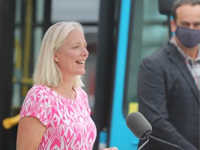 Federal Minister of Infrastructure and Communities Catherine McKenna speaks in Springer Market Square during the announcement of $47-million in funding from the federal, provincial and municipal government for sustainable infrastructure and active transportation in Kingston on Monday. (Steph Crosier/The Whig-Standard)