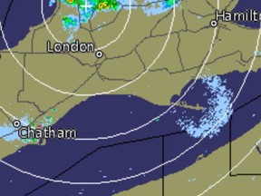 A few hundred thousand swallows and martins were caught on the weather radar Sunday leaving their roosts in Long Point. (CONTRIBUTED GRAPHIC)