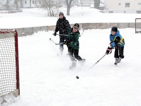 Youngsters Marco Spigrarelli, left, Alex Lavoie, middle, Patrick Mathieu, right, can be seen honing their hockey skills on the outdoor rink at Roy Nicholson Park back in 2015. City council has approved a contract for Timmins-based Secord Construction to supply and install a new multi-court concrete pad at the park. FILE PHOTO/THE DAILY PRESS/POSTMEDIA NETWORK