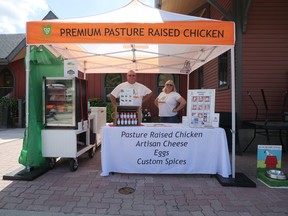 Tim and Donna Norris of Orange Door Acres Farm, who are at the Tillsonburg Farmers Market every Saturday 8-12, sell poultry products from 'our farm to your table.' (Chris Abbott/Norfolk Tillsonburg News)