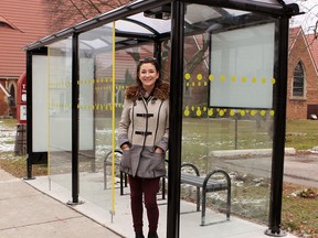 Ride Norfolk has resumed collecting fares for rides. Shown earlier this year in the bus shelter on Court Street in Simcoe is Blaire Sylvester, the county’s public transportation and business development coordinator. File photo/Postmedia Network