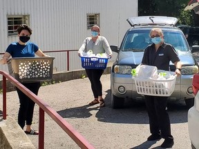 Stratford House of Blessing volunteer delivery drivers Emilie Stanley (left), Jill Andress, and Renee Nelemans prepare to begin their routes around Stratford. With the help of a government grant, the local food bank will purchase a refrigerated van to bolster their delivery efforts. CONTRIBUTED PHOTO