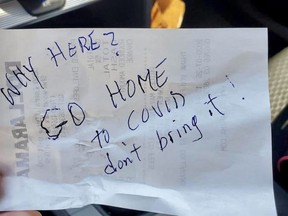 A Fort Saskatchewan resident, who recently moved to Alberta from Ontario with her family, found this note on her car while shopping in Sherwood Park. Photo Supplied