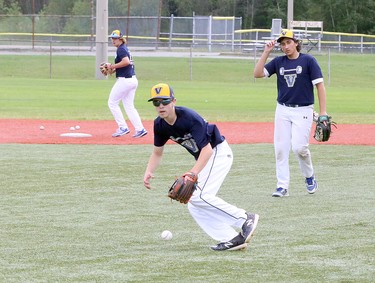 Players from the Sudbury Voyageurs 16U baseball team run through drills at Terry Fox Sports Complex in Sudbury, Ontario on Thursday, August 13, 2020. Additional sports fields are to open for bookings on Friday, August 14 after being closed for much of the summer due to the COVID-19 pandemic. Ben Leeson/The Sudbury Star/Postmedia Network