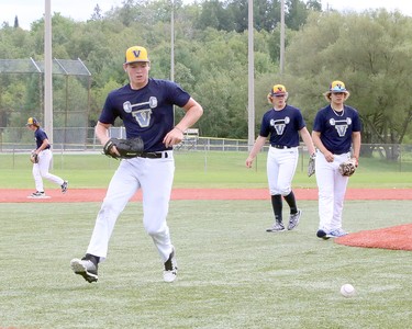 Players from the Sudbury Voyageurs 16U baseball team run through drills at Terry Fox Sports Complex in Sudbury, Ontario on Thursday, August 13, 2020. Additional sports fields are to open for bookings on Friday, August 14 after being closed for much of the summer due to the COVID-19 pandemic. Ben Leeson/The Sudbury Star/Postmedia Network