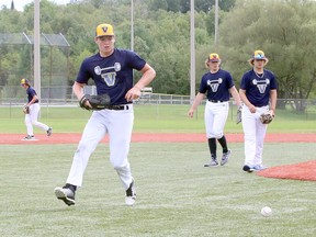 Players from the Sudbury Voyageurs 16U baseball team run through drills at Terry Fox Sports Complex in Sudbury, Ontario on Thursday, August 13, 2020.