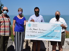 A cheque was presented to the Huron Waves Music Festival organizers Aug. 7 .From left are Huron Waves artistic director John Miller, general manager Heather Boa, chair Paul Ciufo and Frank Palen and Harry Stuart of the South Huron Community Fund committee. Dan Rolph