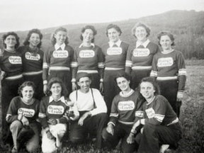 •	PRMA 1983.1320.013 – Ladies Orange Crush Softball Team, July 1, 1940, Peace River Fair Grounds in area known as Moccasin Flats – now T. A. Norris/Glenmary school field. Back Row: (l-r) Mrs. Leola Brownlee, Florence Bourassa, Irene Raychyba, Rosemary [Rose Marie] Rumball, Dorothy Wayland, Veryl Hagan, Hazel Meamish; Front row: (l-r) Lena Nugent, Mona Brownlee, Coach Art Nugent with trophy, Billie Brownlee, Katie Raychyba