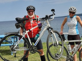 Richard Denton and daughter Sarah of Sudbury lent their support to Gore Bay Rotarians Saturday in the Bay to Bay fundraiser. The 100-mile ride raised more than $15,000 for the Food Cupboard at the Lyons Memorial United Church. Richard Denton
