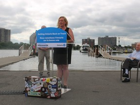 Lisa MacLeod, Ontario’s minister of heritage, sport, tourism and culture, announces more than $500,000 for local venues and events during a visit to Sarnia Bay on Aug. 11. Seated behind her is Andy Brandt, a former Ontario Progressive Conservative leader. Paul Morden/Postmedia Network