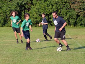 Members of Tillsonburg FC play six-versus-six small-field soccer at Gyulveszi Park on Friday, Aug. 7. (Chris Abbott/Norfolk and Tillsonburg News)