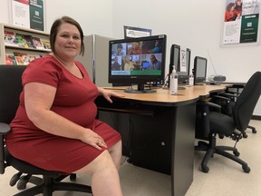 Laura Ellis, Contact Nord's online learning recruitment officer for the Chatham-Kent-Lambton territory, sits where students will soon be navigating online educational courses when the Contact Nord online learning centre opens in Wallaceburg on Aug. 17. Jake Romphf